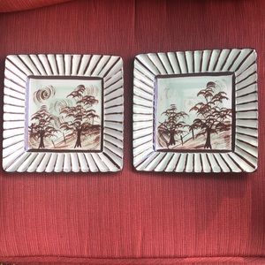 Gail Pittman Set of 2 Accent Plates 8x8. Light green and brown w/tree landscape